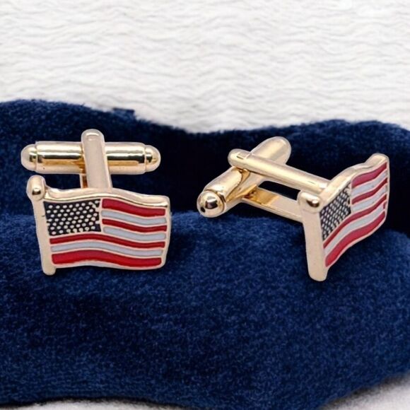 Men's Gold American Flag Cufflinks Patriotic USA Formal Prom Tux Tuxedo America - Picture 1 of 5